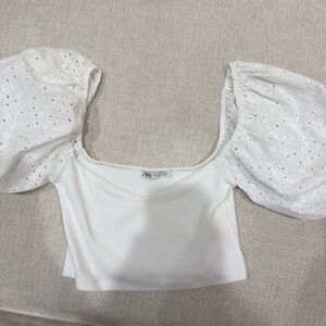 Zara Cream Puff Sleeve Eyelet Blouse